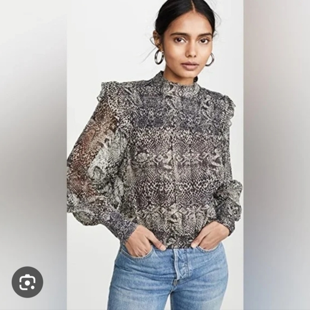 Free People Snake Print Roma Blouse Open Back Ruched Sleeve Ruffled Size M